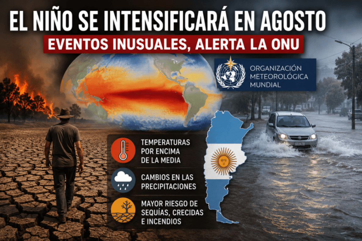 El Niño se intensificará en agosto con eventos inusuales, advirtió la ONU: cómo impactará en la Argentina La Organización Meteorológica Mundial anticipa que las temperaturas superarán la media en amplias zonas del planeta y cambios en las precipitaciones, con una combinación oceánica que aumenta la posibilidad de sequías, crecidas y fuegos forestales en varias regiones